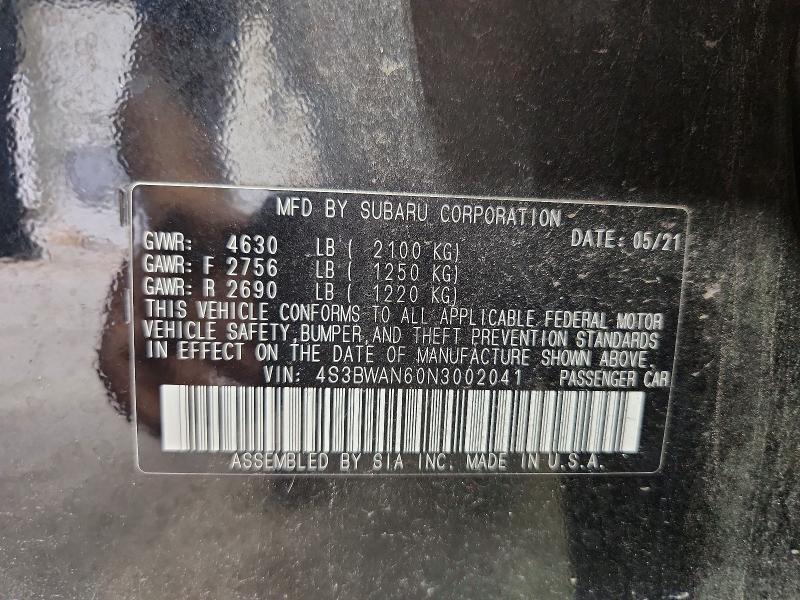 65109726 :رقم المزاد ، 4S3BWAN60N3002041 vin ، 2022 Subaru Legacy مزاد بيع