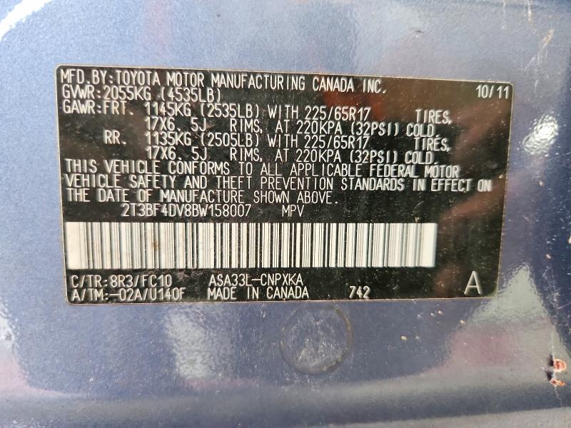 2011 Toyota Rav4 მანქანა იყიდება აუქციონზე, vin: 2T3BF4DV8BW158007, აუქციონის ნომერი: 64950276