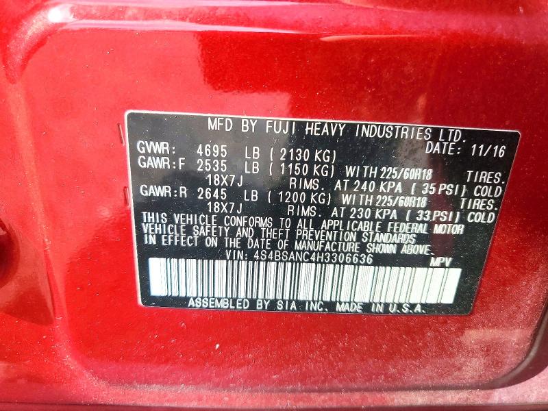 65039856 :رقم المزاد ، 4S4BSANC4H3306636 vin ، 2017 Subaru Outback مزاد بيع