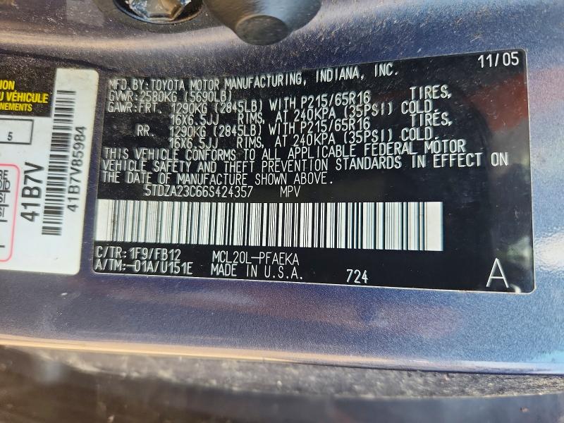 Aukcja sprzedaży 2006 Toyota Sienna, vin: 5TDZA23C66S424357, numer aukcji: 65749756