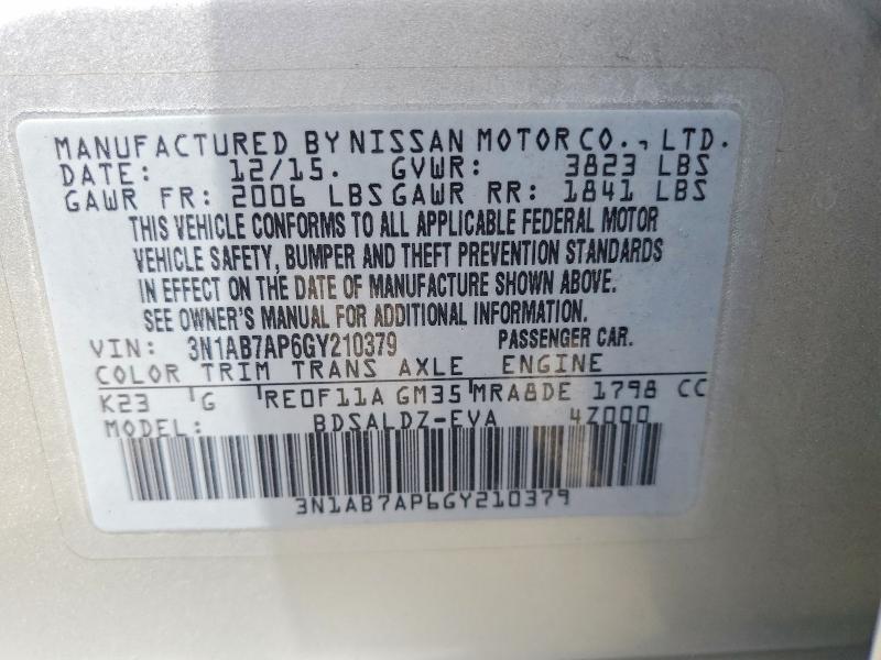 Продажа на аукционе авто 2016 Nissan Sentra, vin: 3N1AB7AP6GY210379, номер лота: 64503296