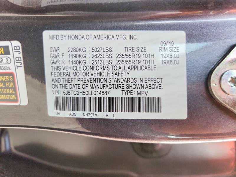 63677196 :رقم المزاد ، 5J8TC2H50LL014887 vin ، 2020 Acura Rdx مزاد بيع