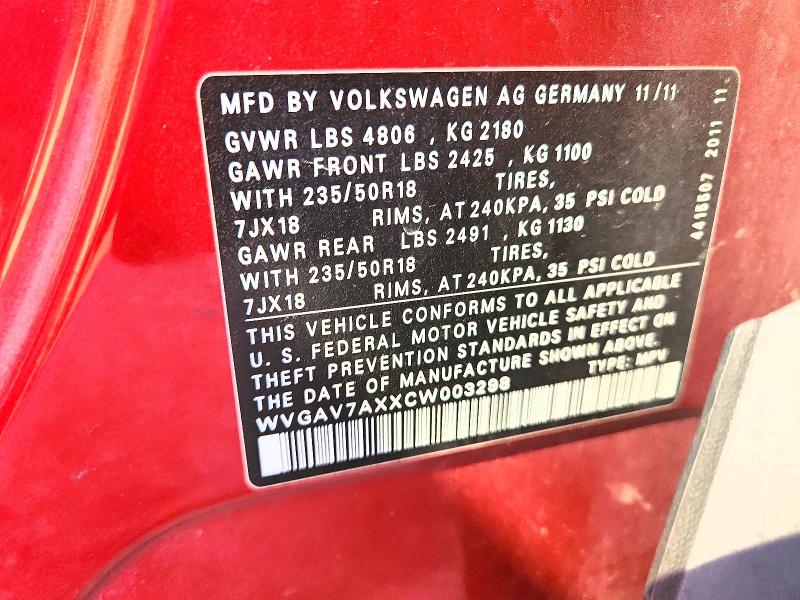 Продажа на аукционе авто 2012 Volkswagen Tiguan, vin: WVGAV7AXXCW003298, номер лота: 65151476