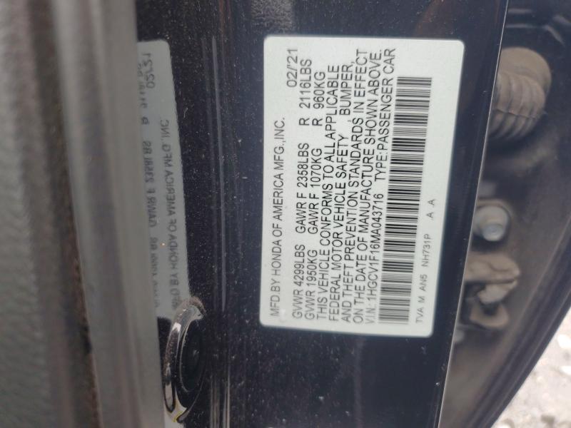 63628746 :رقم المزاد ، 1HGCV1F16MA043716 vin ، 2021 Honda Accord مزاد بيع
