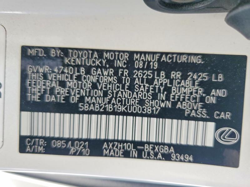 2019 Lexus Es მანქანა იყიდება აუქციონზე, vin: 58AB21B19KU003817, აუქციონის ნომერი: 65830236