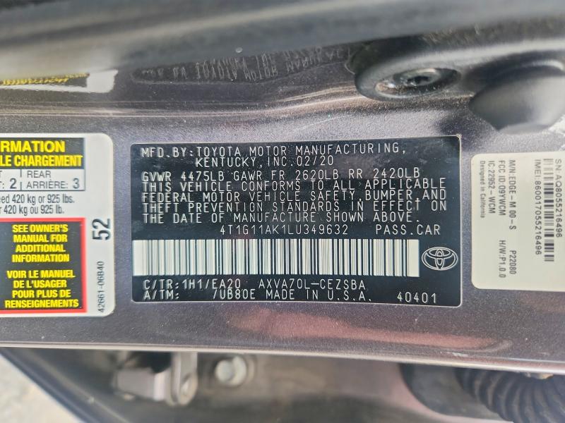 2020 Toyota Camry მანქანა იყიდება აუქციონზე, vin: 4T1G11AK1LU349632, აუქციონის ნომერი: 67105836