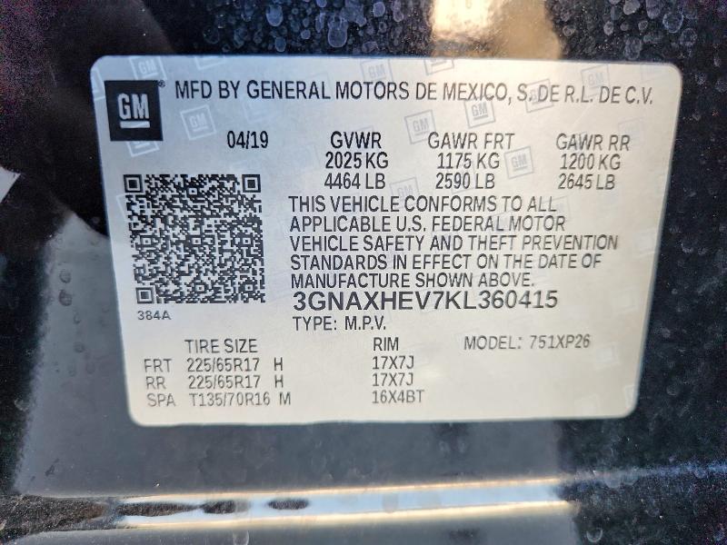 66570586 :رقم المزاد ، 3GNAXHEV7KL360415 vin ، 2019 Chevrolet Equinox مزاد بيع