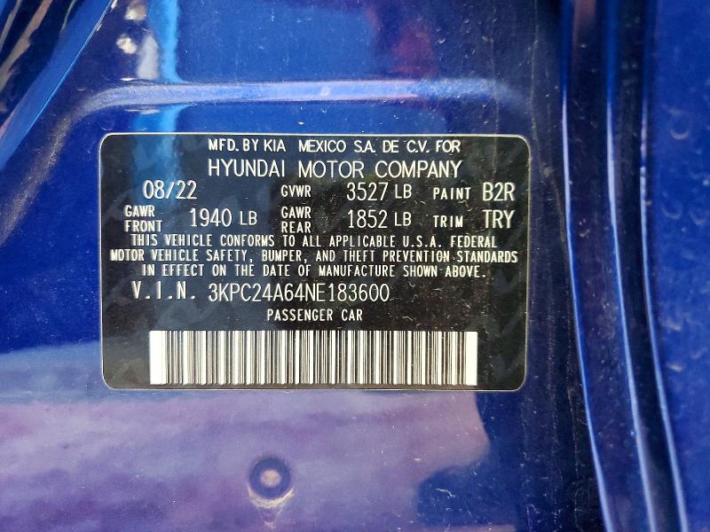 Продаж на аукціоні авто 2022 Hyundai Accent, vin: 3KPC24A64NE183600, номер лоту: 63660376