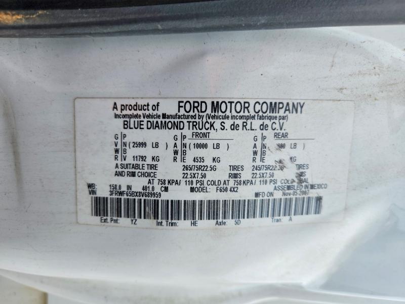 2008 Ford F650 მანქანა იყიდება აუქციონზე, vin: 3FRWF65BX8V689959, აუქციონის ნომერი: 66373306