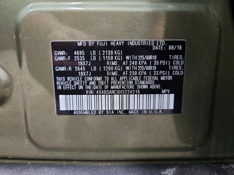 66033416 :رقم المزاد ، 4S4BSANCXH3224216 vin ، 2017 Subaru Outback مزاد بيع