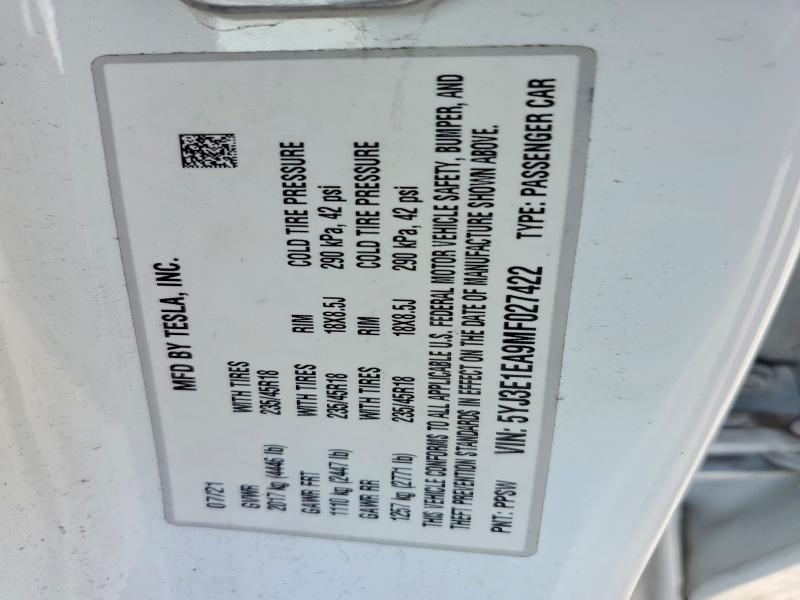 64302206 :رقم المزاد ، 5YJ3E1EA9MF027422 vin ، 2021 Tesla Model 3 مزاد بيع