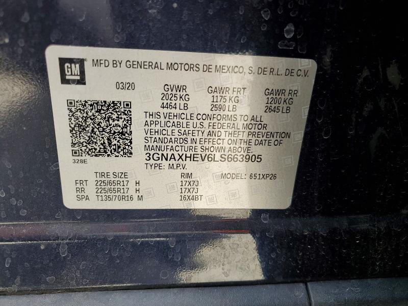 66120146 :رقم المزاد ، 3GNAXHEV6LS663905 vin ، 2020 Chevrolet Equinox مزاد بيع
