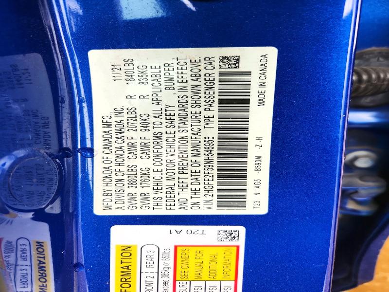 2022 Honda Civic მანქანა იყიდება აუქციონზე, vin: 2HGFE2F59NH546956, აუქციონის ნომერი: 63839396