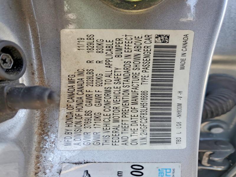 Aukcja sprzedaży 2020 Honda Civic, vin: 2HGFC2F83LH516686, numer aukcji: 63438606