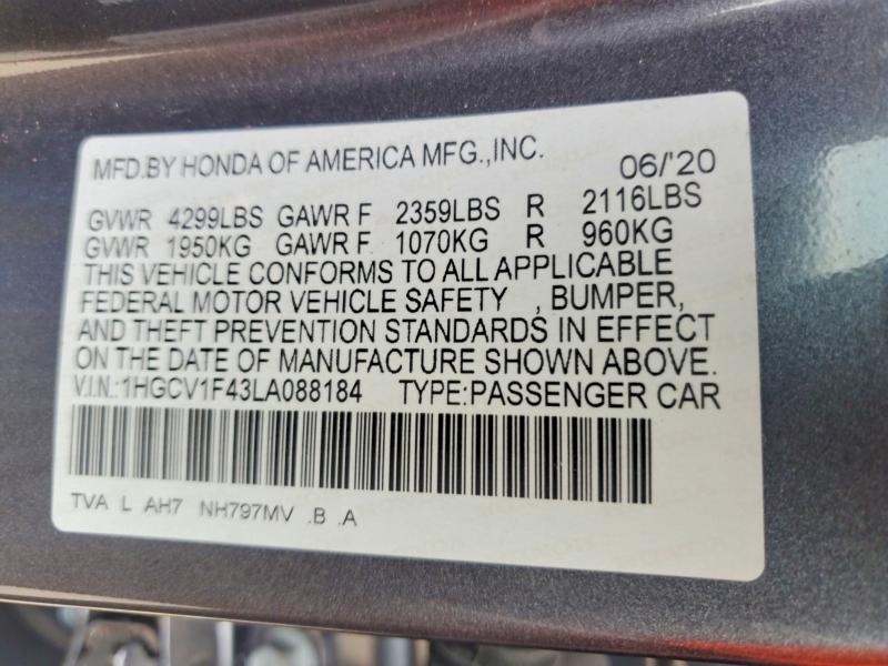 2020 Honda Accord მანქანა იყიდება აუქციონზე, vin: 1HGCV1F43LA088184, აუქციონის ნომერი: 66576566