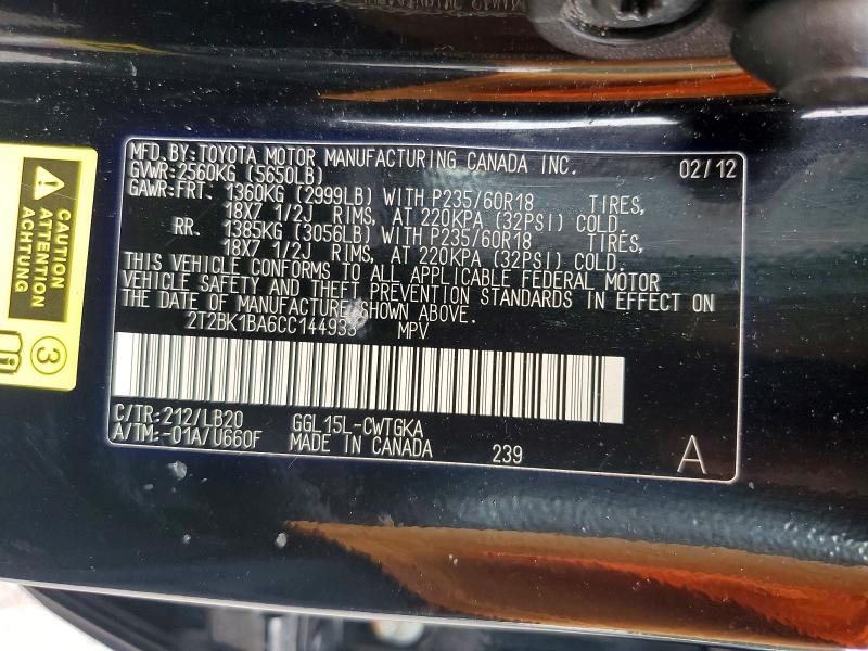 64578596 :رقم المزاد ، 2T2BK1BA6CC144933 vin ، 2012 Lexus Rx مزاد بيع