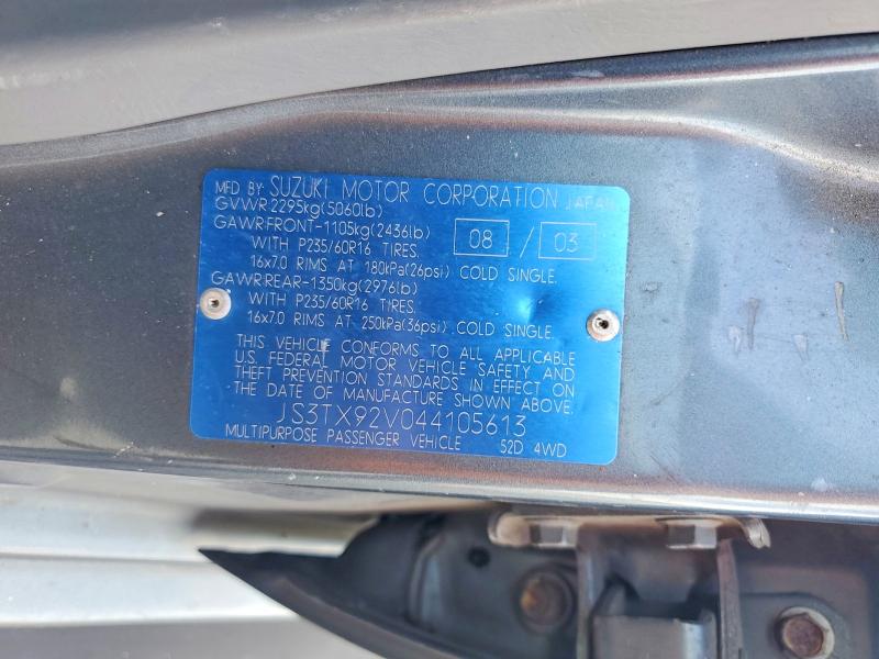 2004 Suzuki Xl7 მანქანა იყიდება აუქციონზე, vin: JS3TX92V044105613, აუქციონის ნომერი: 64030256