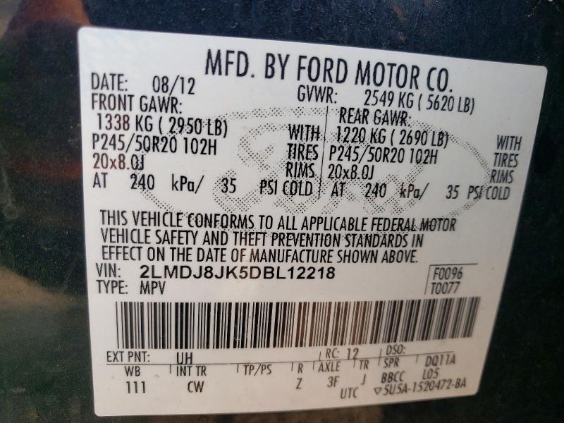64612046 :رقم المزاد ، 2LMDJ8JK5DBL12218 vin ، 2013 Lincoln Mkx مزاد بيع