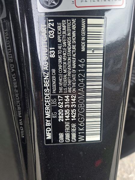 66006306 :رقم المزاد ، W1K6G7GB0MA042146 vin ، 2021 Mercedes-benz S مزاد بيع