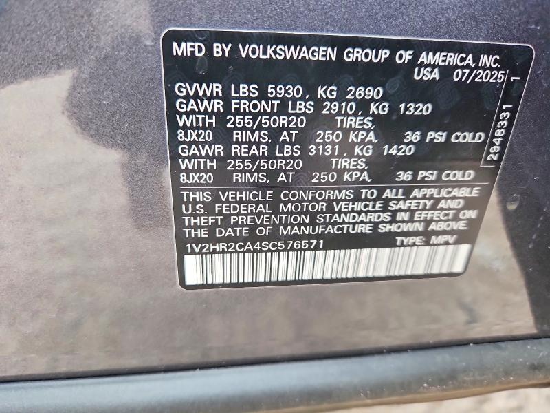 2025 Volkswagen Atlas მანქანა იყიდება აუქციონზე, vin: 1V2HR2CA4SC576571, აუქციონის ნომერი: 64597466
