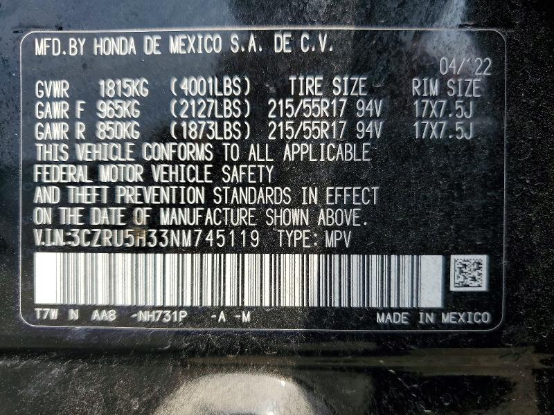 64653866 :رقم المزاد ، 3CZRU5H33NM745119 vin ، 2022 Honda Hr-v مزاد بيع