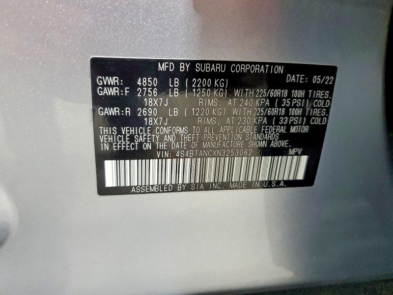 Aukcja sprzedaży 2022 Subaru Outback, vin: 4S4BTANCXN3253062, numer aukcji: 64499556