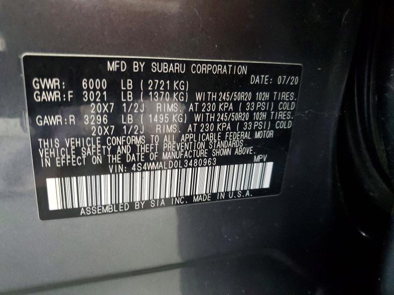 Продаж на аукціоні авто 2020 Subaru Ascent, vin: 4S4WMALD0L3480963, номер лоту: 64403776