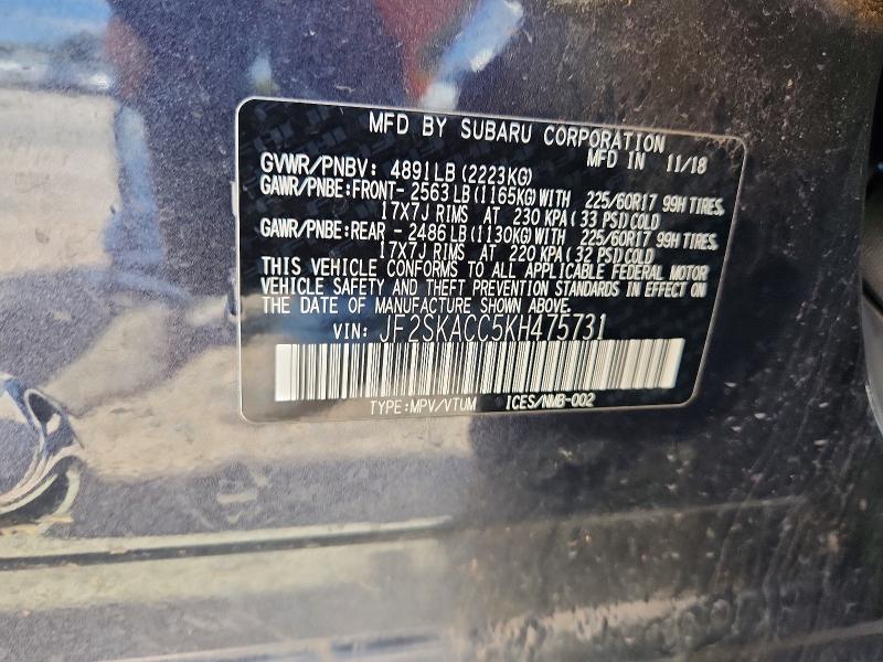 67067596 :رقم المزاد ، JF2SKACC5KH475731 vin ، 2019 Subaru Forester مزاد بيع