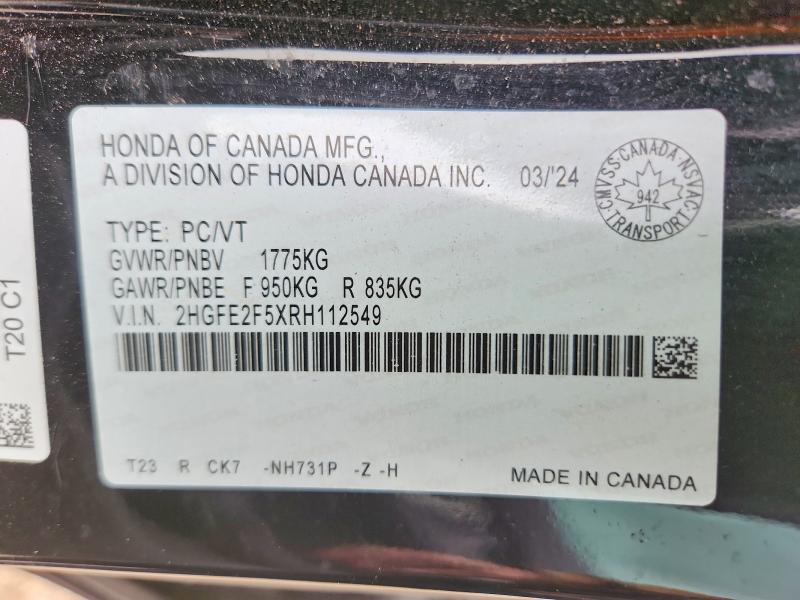 Продаж на аукціоні авто 2024 Honda Civic, vin: 2HGFE2F5XRH112549, номер лоту: 65343346