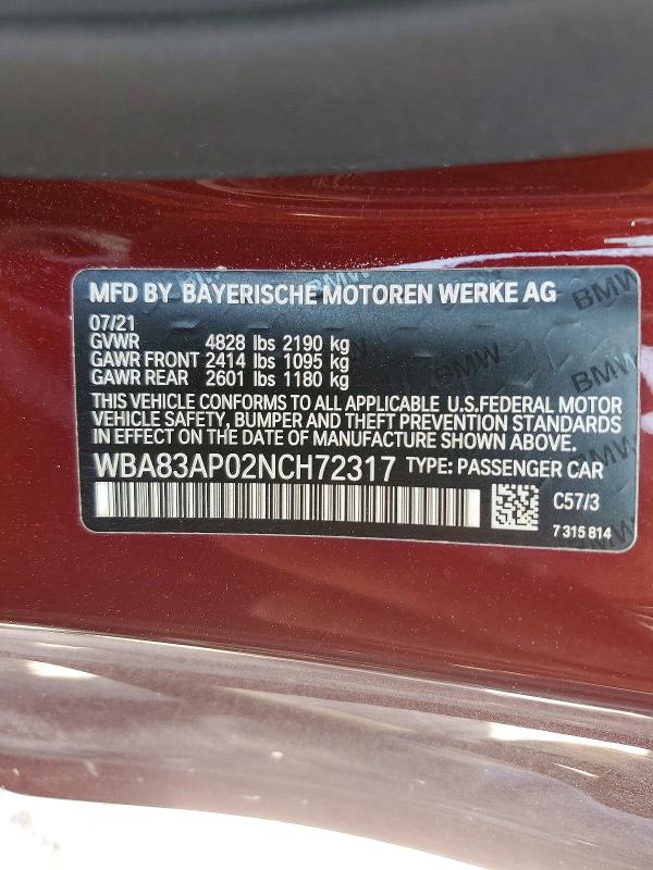 63575356 :رقم المزاد ، WBA83AP02NCH72317 vin ، 2022 Bmw M440i مزاد بيع