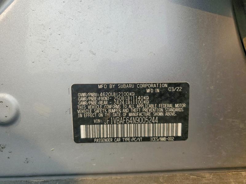 Продажа на аукционе авто 2022 Subaru Wrx, vin: JF1VBAF64N9005244, номер лота: 63446956