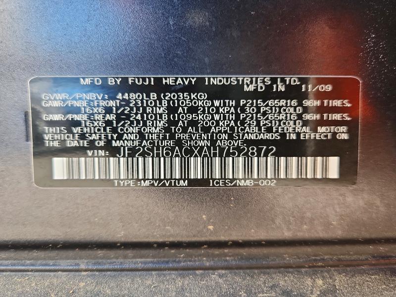 2010 Subaru Forester მანქანა იყიდება აუქციონზე, vin: JF2SH6ACXAH752872, აუქციონის ნომერი: 65715116