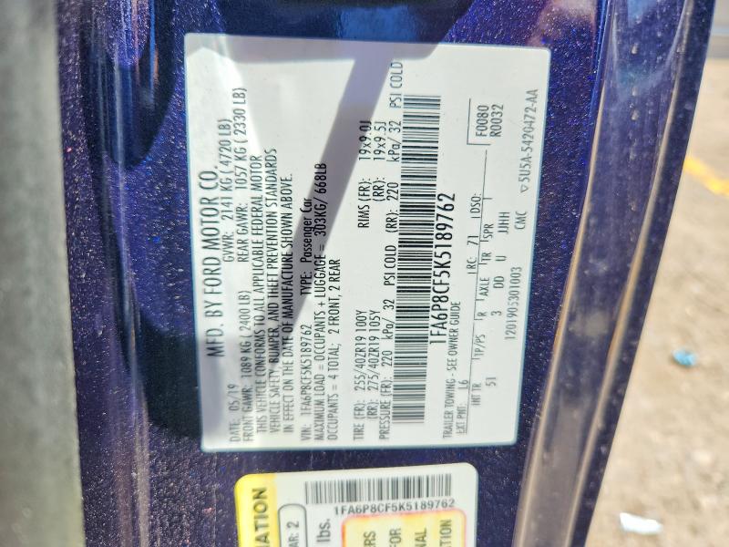 63003146 :رقم المزاد ، 1FA6P8CF5K5189762 vin ، 2019 Ford Mustang مزاد بيع