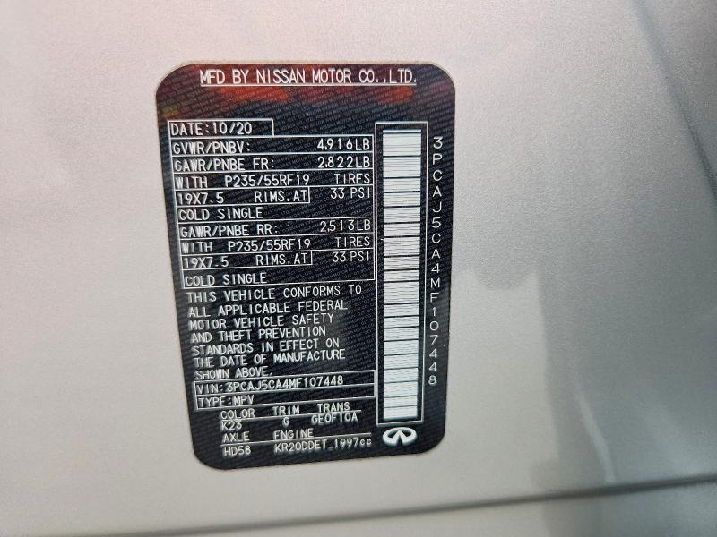 65177586 :رقم المزاد ، 3PCAJ5CA4MF107448 vin ، 2021 Infiniti Qx50 مزاد بيع