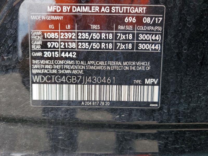 Aukcja sprzedaży 2018 Mercedes-benz Gla, vin: WDCTG4GB7JJ430461, numer aukcji: 63641046