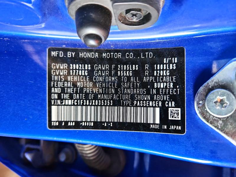 65203016 :رقم المزاد ، JHMFC1F38JX035353 vin ، 2018 Honda Civic مزاد بيع