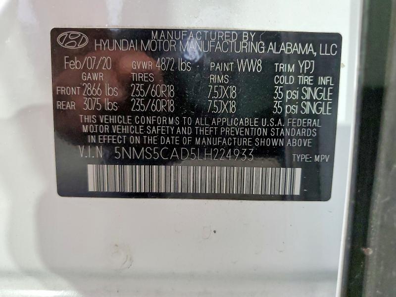 2020 Hyundai Santa Fe მანქანა იყიდება აუქციონზე, vin: 5NMS5CAD5LH224933, აუქციონის ნომერი: 64108486