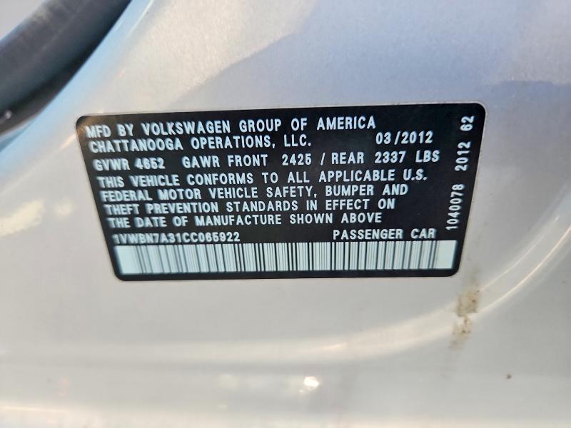 Aukcja sprzedaży 2012 Volkswagen Passat, vin: 1VWBN7A31CC065922, numer aukcji: 62821686