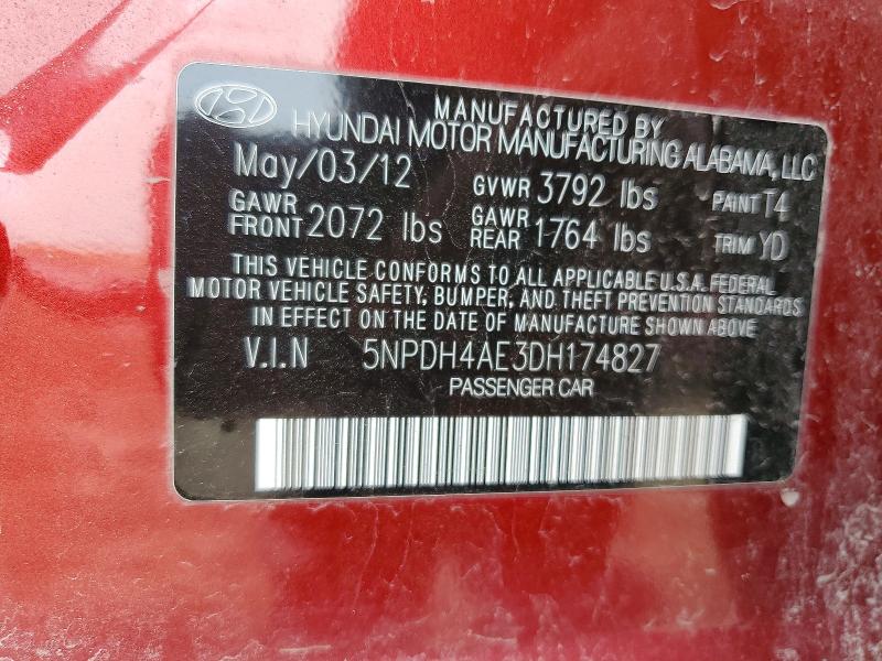 2013 Hyundai Elantra მანქანა იყიდება აუქციონზე, vin: 5NPDH4AE3DH174827, აუქციონის ნომერი: 64898726