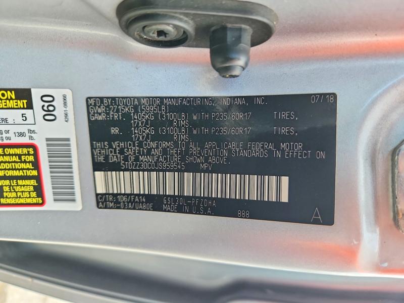 65208606 :رقم المزاد ، 5TDZZ3DC0JS959545 vin ، 2018 Toyota Sienna مزاد بيع