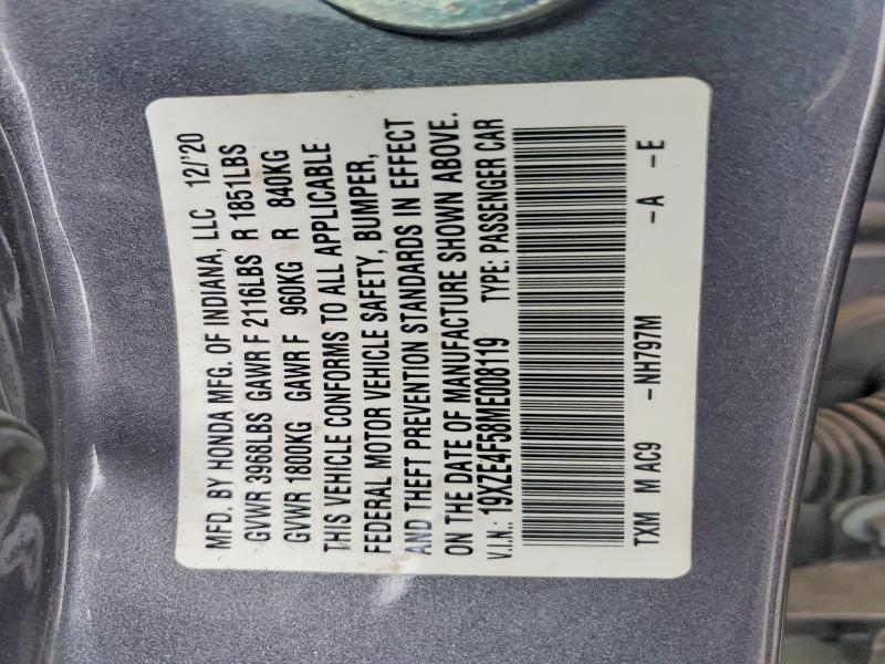 2021 Honda Insight მანქანა იყიდება აუქციონზე, vin: 19XZE4F58ME008119, აუქციონის ნომერი: 64332856