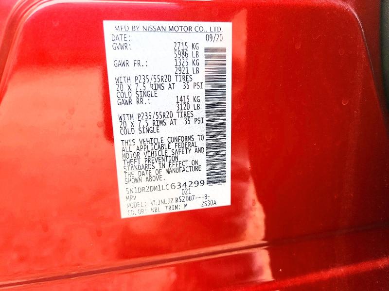 2020 Nissan Pathfinder მანქანა იყიდება აუქციონზე, vin: 5N1DR2DM1LC634299, აუქციონის ნომერი: 64934256