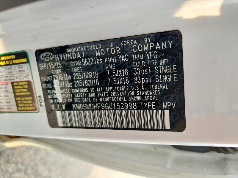 2016 Hyundai Santa Fe მანქანა იყიდება აუქციონზე, vin: KM8SMDHF9GU152998, აუქციონის ნომერი: 64930356