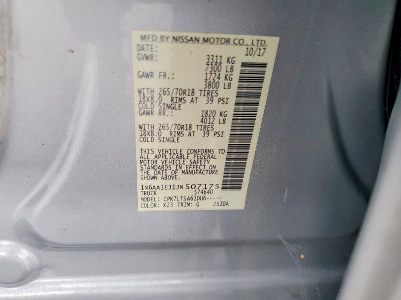 66169966 :رقم المزاد ، 1N6AA1EJ1JN507175 vin ، 2018 Nissan Titan مزاد بيع