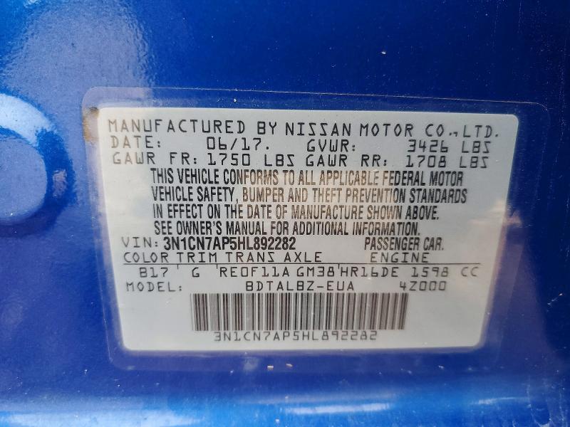 62996976 :رقم المزاد ، 3N1CN7AP5HL892282 vin ، 2017 Nissan Versa مزاد بيع