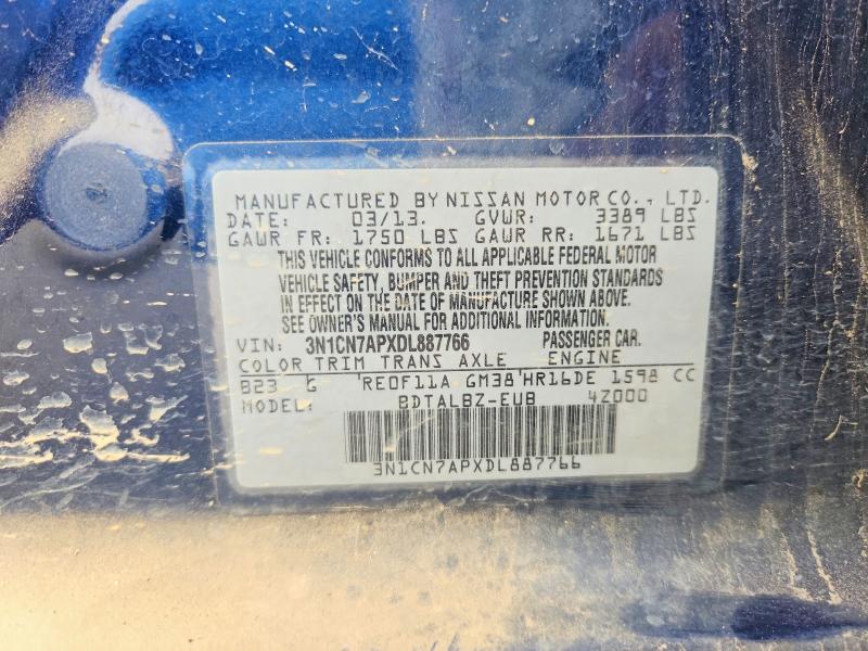2013 Nissan Versa მანქანა იყიდება აუქციონზე, vin: 3N1CN7APXDL887766, აუქციონის ნომერი: 66969606