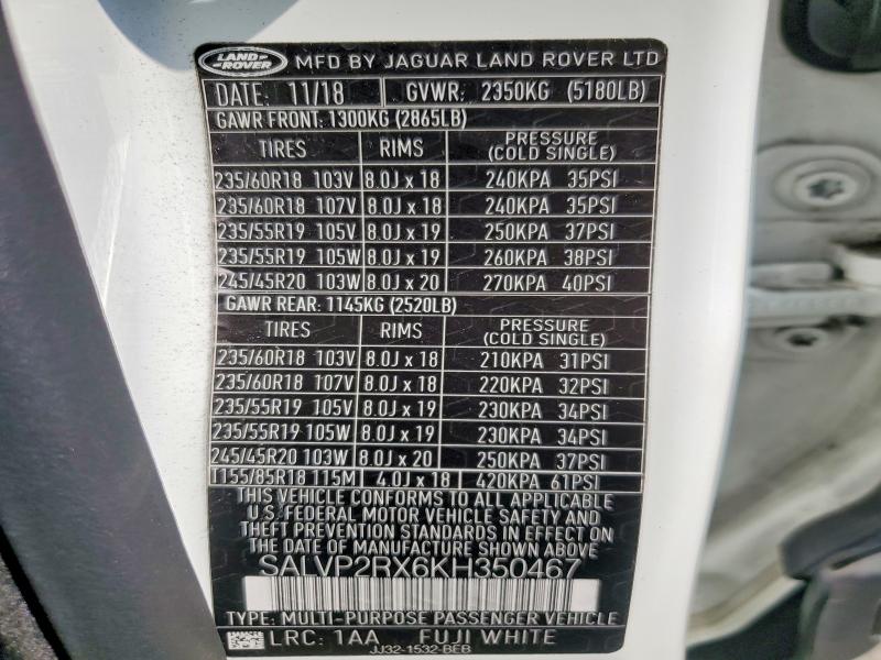 2019 Land Rover Range Rover Evoque მანქანა იყიდება აუქციონზე, vin: SALVP2RX6KH350467, აუქციონის ნომერი: 64427296