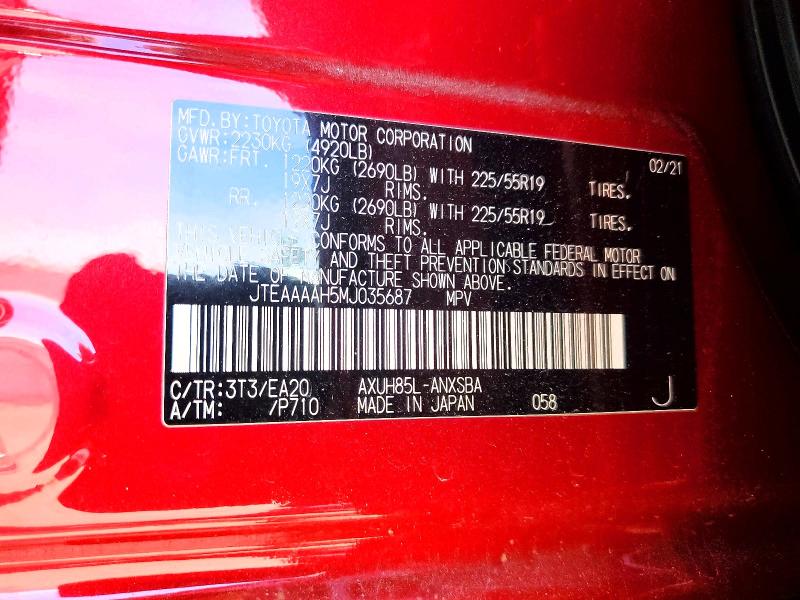 66112326 :رقم المزاد ، JTEAAAAH5MJ035687 vin ، 2021 Toyota Venza مزاد بيع