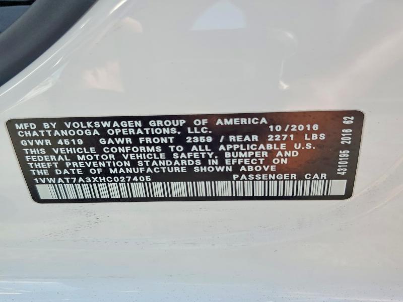 Продаж на аукціоні авто 2017 Volkswagen Passat, vin: 1VWAT7A3XHC027405, номер лоту: 66305556