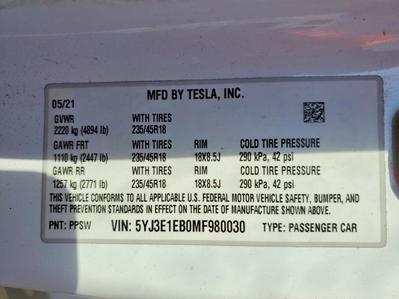 2021 Tesla Model 3 მანქანა იყიდება აუქციონზე, vin: 5YJ3E1EB0MF980030, აუქციონის ნომერი: 67122166